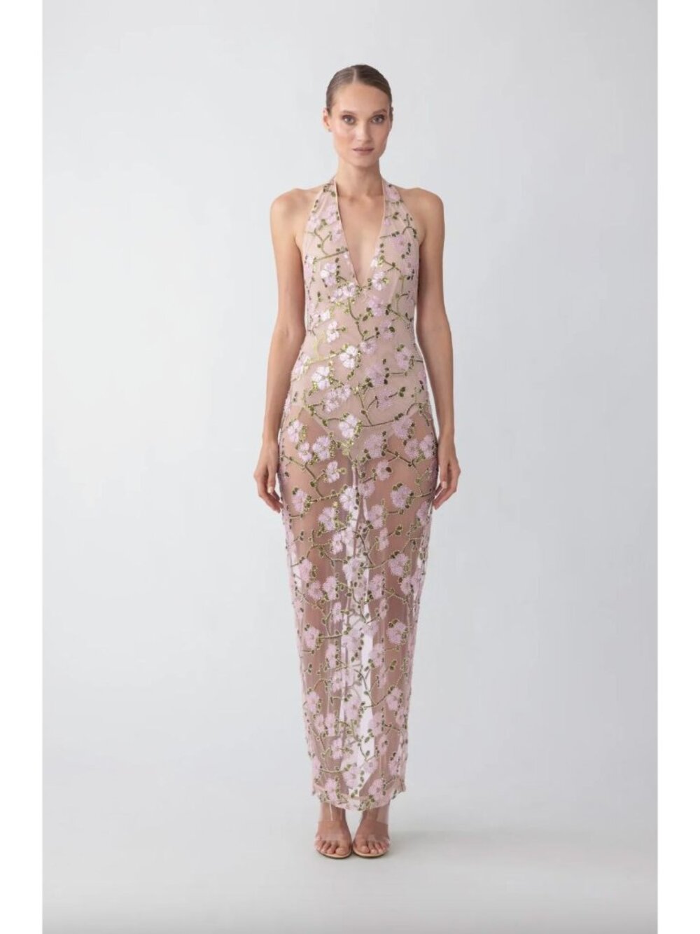 Sau Lee Olympia Sheer Mesh Maxi Dress Nude Womens Size 4 - Picture 4 of 12